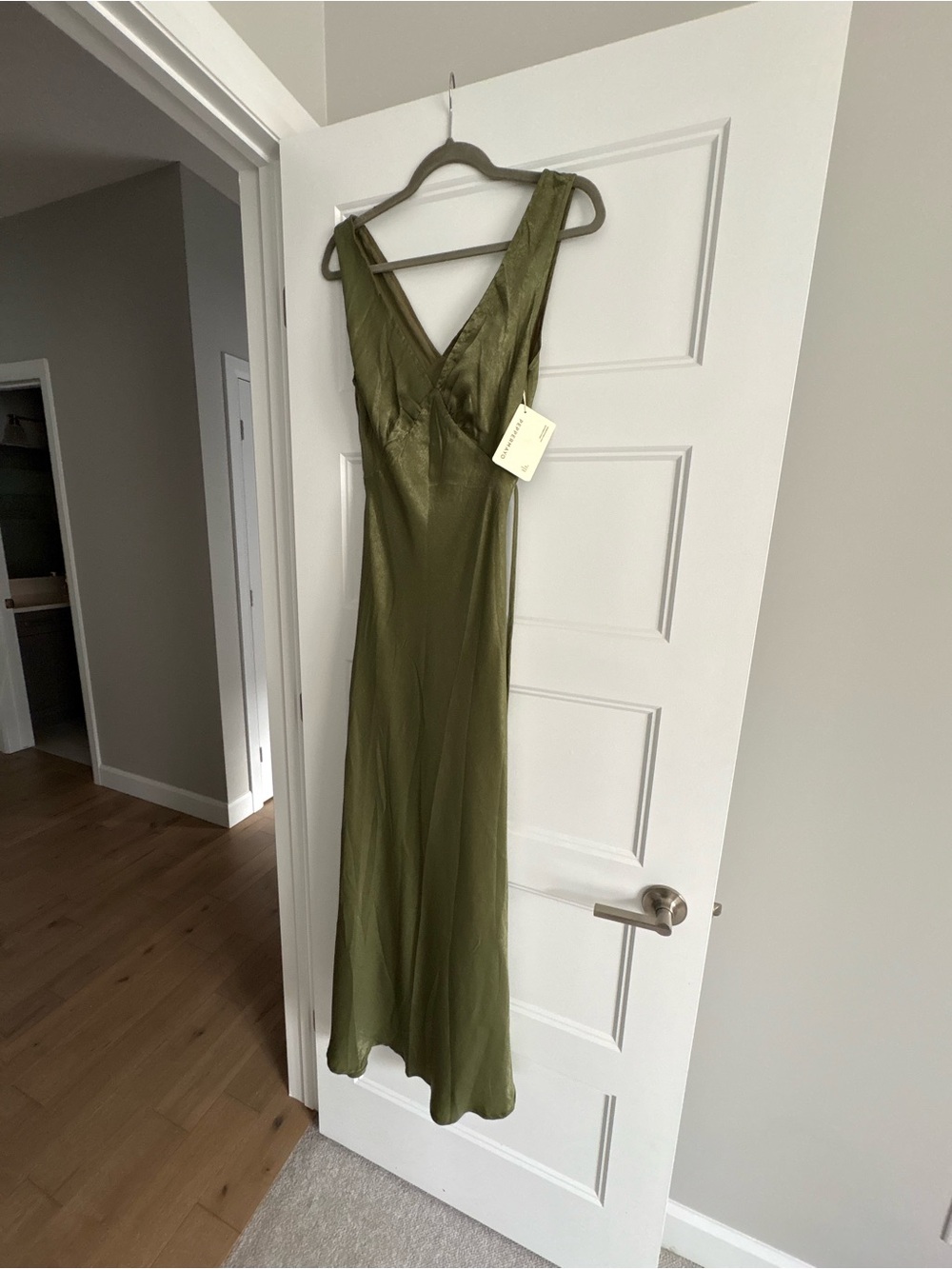 Peppermayo Olive Satin V-Neck Maxi Slip Dress